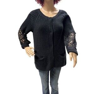 Lauren Conrad Black Crochet Sleeve Snap Front Cardigan Sweater Womens Large